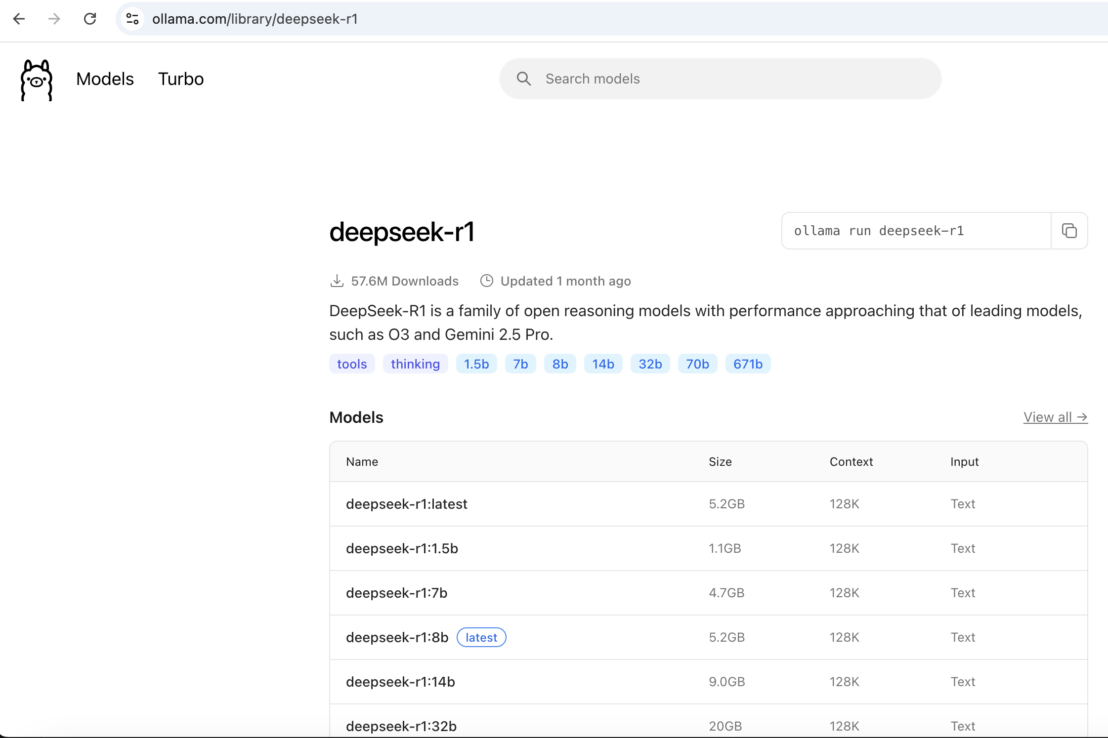 deepseek-r1 models on https://ollama.com/library/deepseek-r1